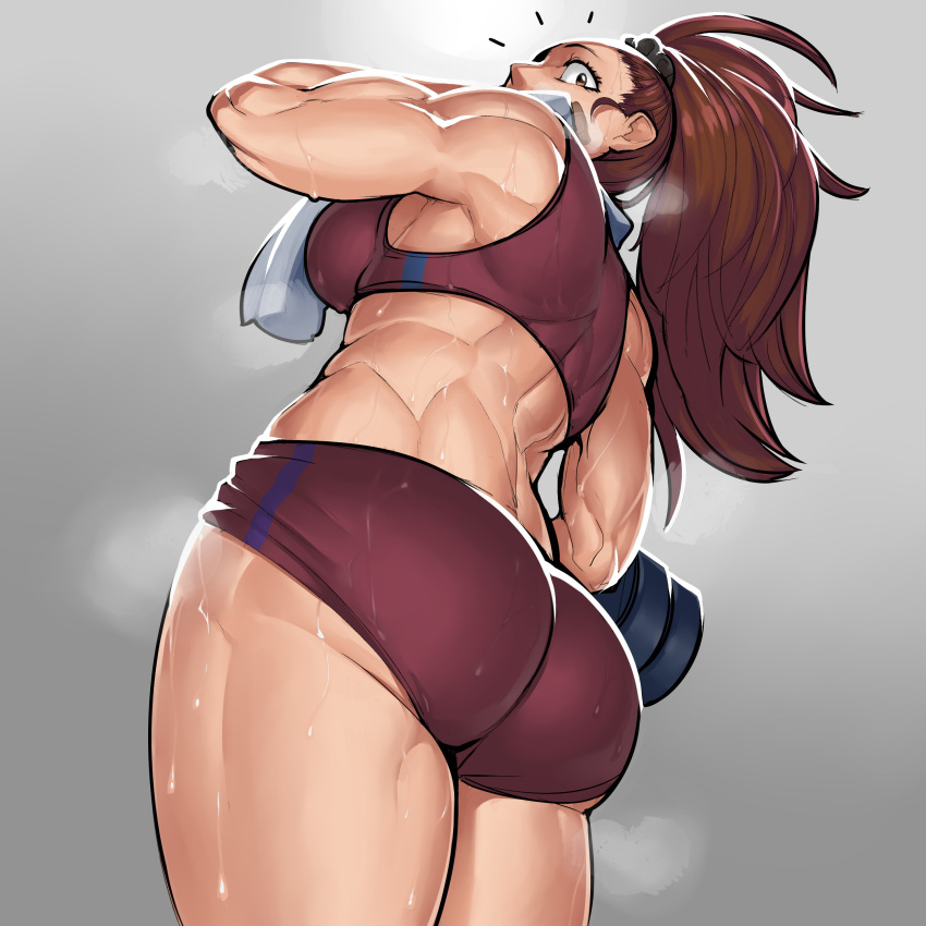 1girl absurdres ass bare_shoulders breasts brown_eyes brown_hair buruma captain_mizuki cowboy_shot dumbbell from_below from_side gradient gradient_background grey_background highres krekk0v looking_at_viewer medium_breasts midriff muscle muscular_female one-punch_man ponytail sideboob solo sports_bra standing steam surprised sweat thick_thighs thighs toned towel