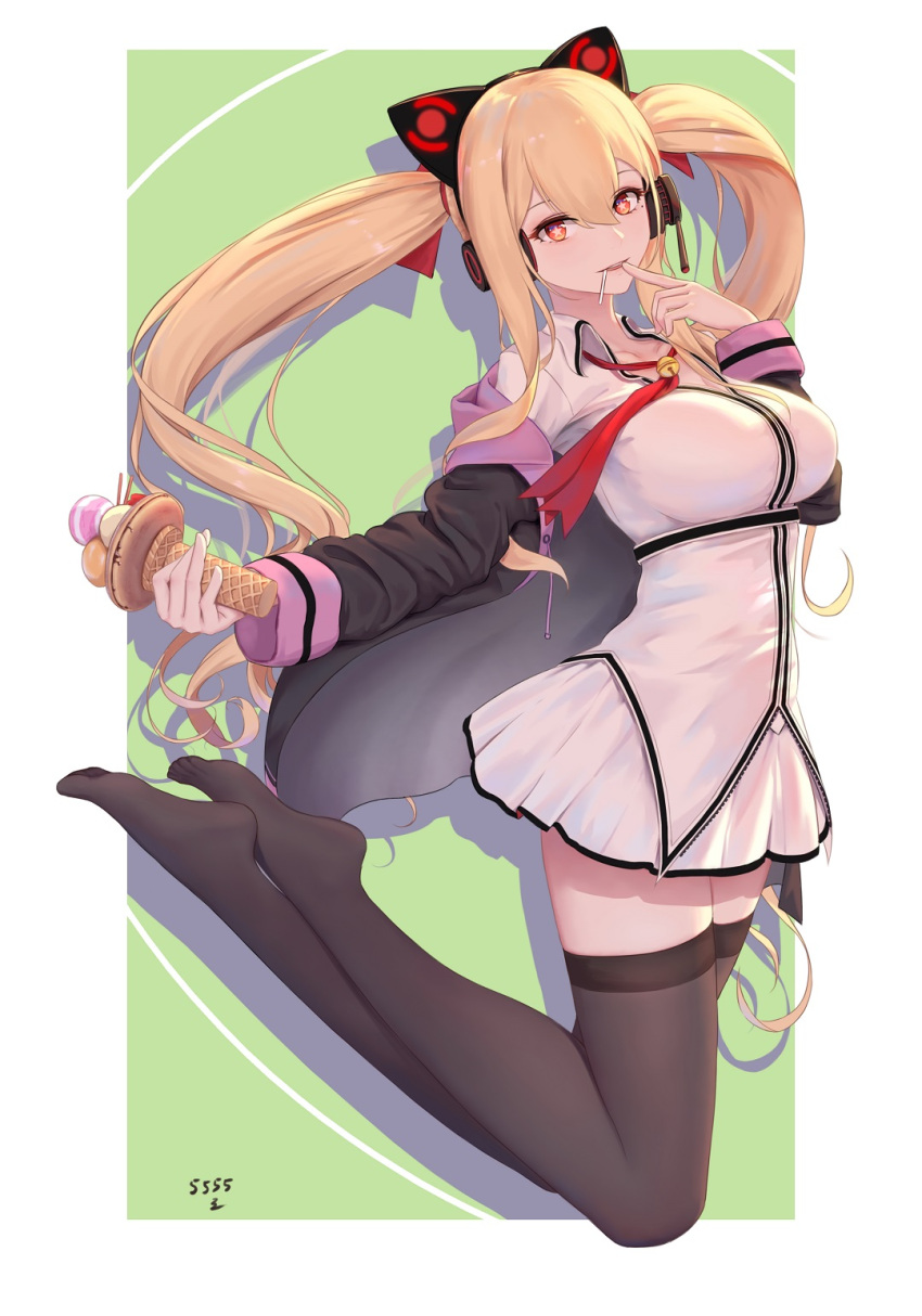 1girl 5555_96 animal_ears azur_lane blonde_hair breasts candy collarbone collared_shirt commentary_request concord_(azur_lane) fake_animal_ears food hair_ribbon hairband headphones highres ice_cream_cone jacket jumping large_breasts lollipop long_hair pleated_skirt red_eyes ribbon shirt skirt solo star star-shaped_pupils symbol-shaped_pupils thigh-highs twintails very_long_hair zettai_ryouiki