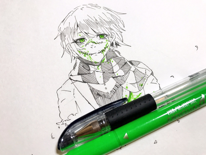 1boy 1girl bangs character_request copyright_request eguchi_saan green_eyes highres looking_at_viewer marker marker_(medium) original paper_(medium) pen pen_(medium) scarf solo spot_color stitched_mouth stitches striped striped_scarf traditional_media