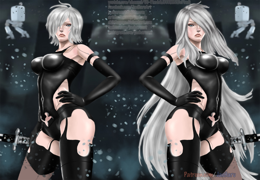 1girl armlet bare_shoulders black_gloves black_shorts blue_eyes closed_mouth elbow_gloves gloves hand_on_own_stomach holding holding_sword holding_weapon jae_haru katana long_hair looking_at_viewer mole mole_under_mouth nier_(series) nier_automata pink_lips pod_(nier_automata) robot_joints short_hair short_shorts shorts silver_hair standing sword tank_top weapon yorha_type_a_no._2