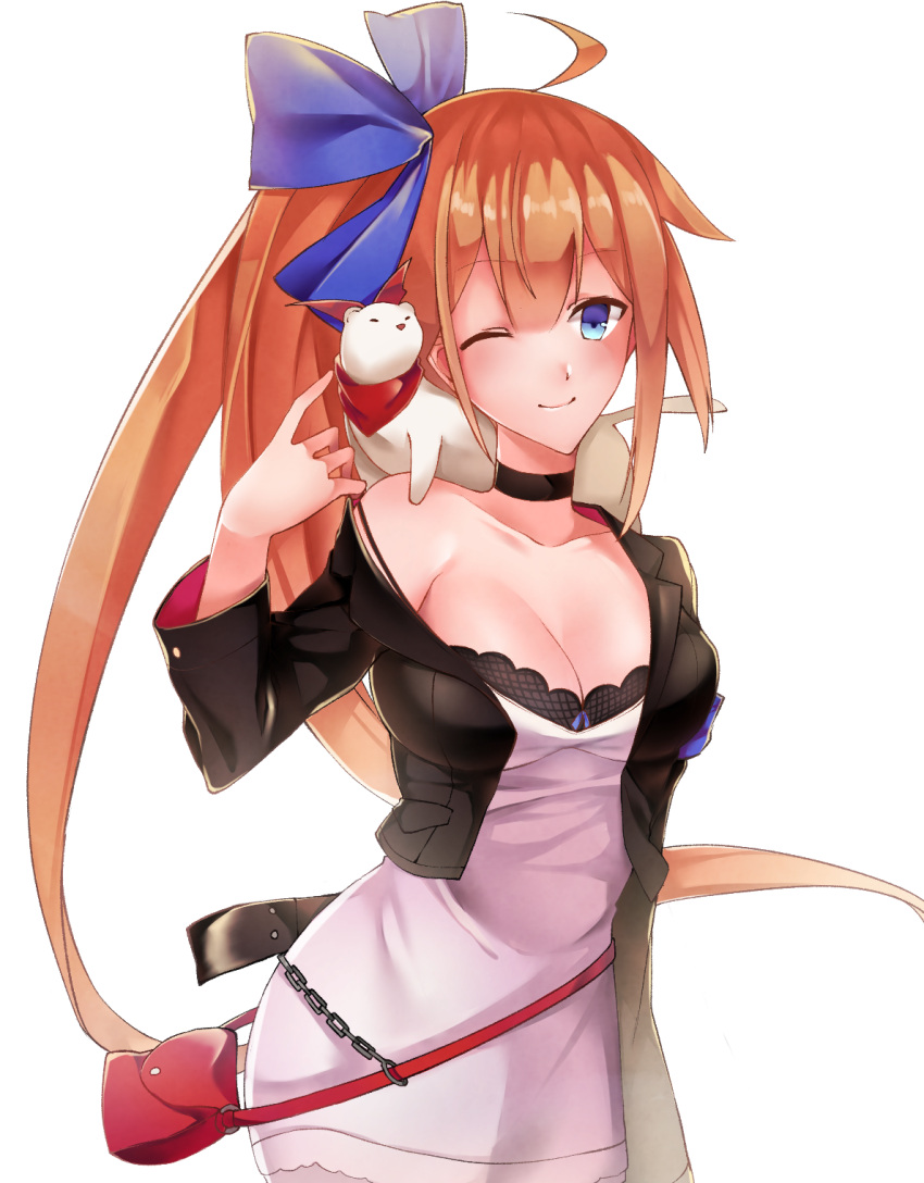 1girl ahoge bag black_choker black_jacket blue_eyes blue_ribbon breasts brown_hair choker cleavage closed_mouth collarbone dress eyebrows_visible_through_hair fal_(girls_frontline) ferret girls_frontline hair_ribbon handbag highres jacket large_breasts long_hair ribbon shiny shiny_hair simple_background smile solo spduck standing thigh_strap very_long_hair white_dress
