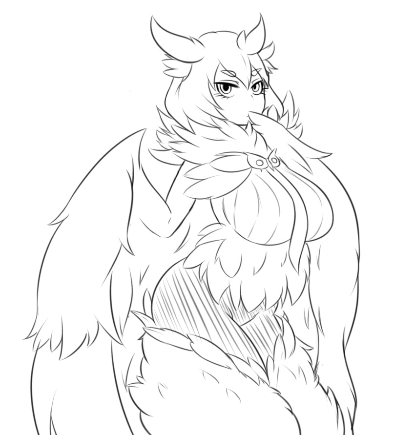 1girl bangs breasts commentary english_commentary eyebrows_visible_through_hair feathers fluffy fur_collar greyscale hair_between_eyes harpy highres large_breasts lineart monochrome monster_girl monster_girl_encyclopedia nav owl_mage_(monster_girl_encyclopedia) solo thick_eyebrows winged_arms