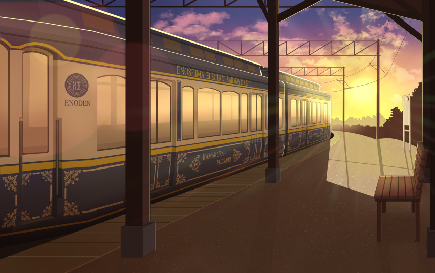 absurdres bench biako blue_skirt clouds cloudy_sky commentary_request evening gradient_sky ground_vehicle highres no_humans original outdoors revision scenery skirt sky sun sunlight sunset train train_station yellow_sky