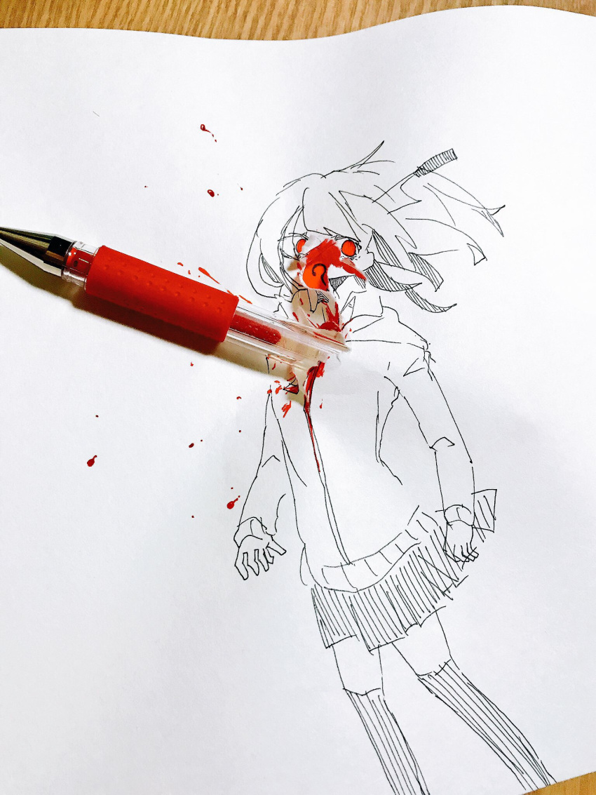 1girl blood blood_splatter collared_shirt commentary eguchi_saan highres hood hooded_jacket jacket knife_in_head long_sleeves looking_past_viewer looking_to_the_side original over-kneehighs paper_(medium) pen pen_(medium) photo pleated_skirt red_eyes shirt shirt_under_jacket short_hair skirt solo spot_color symbol_commentary thigh-highs