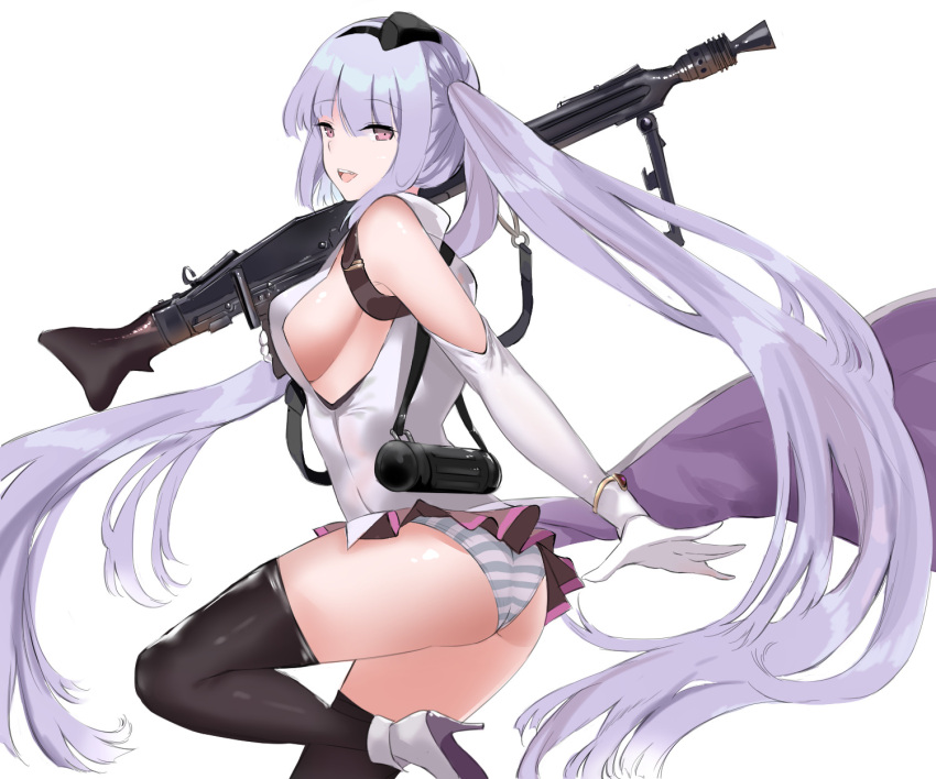 1girl :d ass breasts commentary_request cowboy_shot eyebrows_visible_through_hair eyes_visible_through_hair from_side girls_frontline gloves gun hat high_heels highres large_breasts leg_up long_hair machine_gun mg42 mg42_(girls_frontline) open_mouth over_shoulder panties pleated_skirt shiben_(ugvu5784) sideboob silver_hair simple_background skirt sling smile solo striped striped_panties thigh-highs thighs twintails underwear upper_teeth very_long_hair violet_eyes weapon white_background white_gloves
