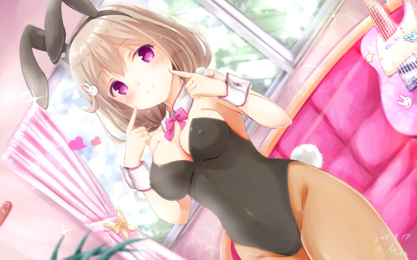 1girl 2018 animal_ears arms_up artist_name bare_shoulders black_leotard blurry bow bowtie breasts brown_hair brown_legwear bunny_girl bunny_hair_ornament bunny_tail bunnysuit cleavage closed_mouth commentary_request couch covered_navel covered_nipples cowboy_shot curtains dated day depth_of_field detached_collar dutch_angle eyebrows eyebrows_visible_through_hair fingers_to_cheeks girlfriend_(kari) glint groin guitar hair_ornament hairpin heart highres indoors instrument kazemachi_haruka leotard light_rays looking_at_viewer masa_(mirage77) pantyhose pink_bow pink_neckwear plant pointing pointing_at_self rabbit_ears short_hair smile solo standing strapless strapless_leotard tail violet_eyes wallpaper window wrist_cuffs