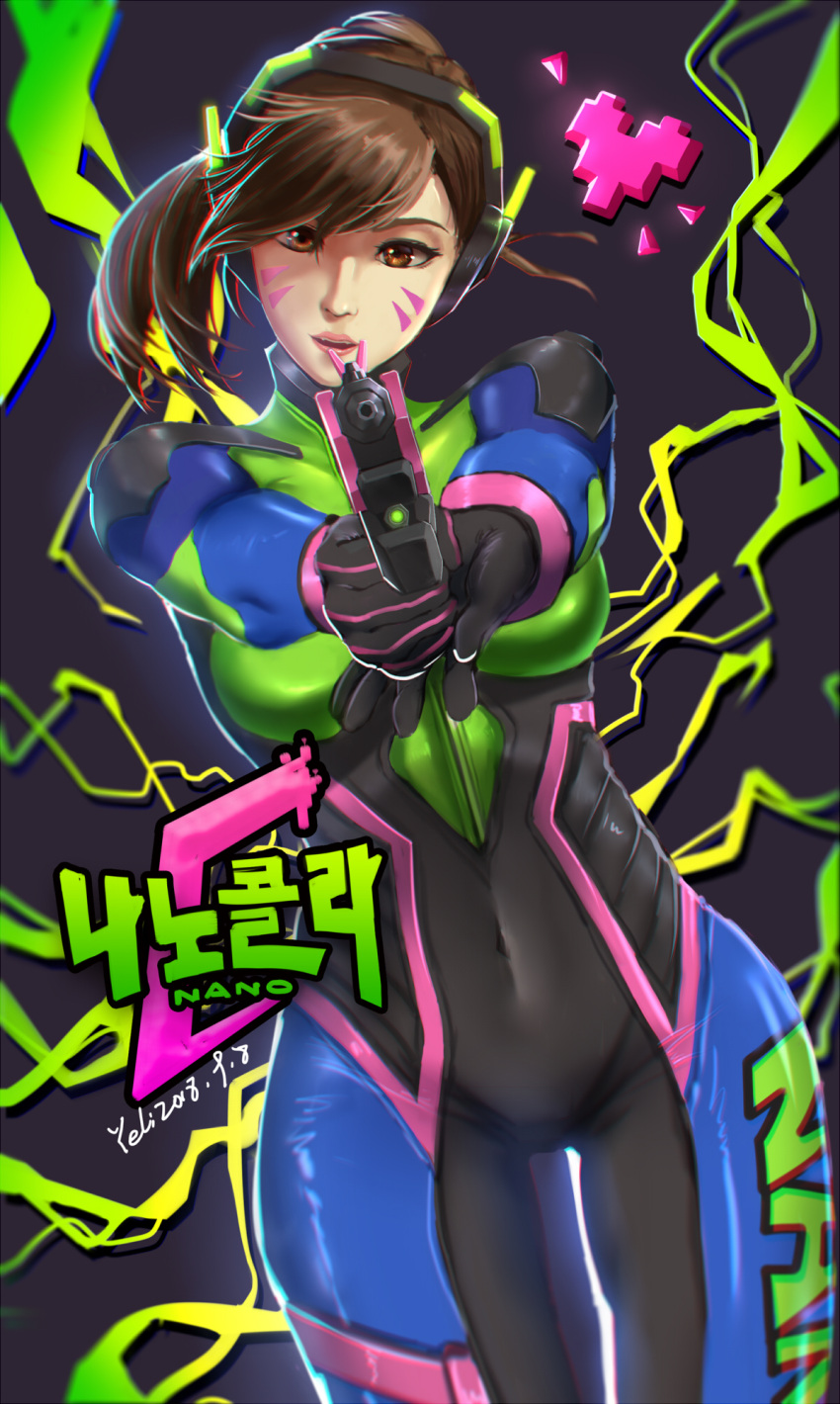 1girl aiming_at_viewer alternate_costume bangs blue_bodysuit bodysuit breasts brown_eyes brown_hair clothes_writing covered_navel cowboy_shot d.va_(overwatch) dated facepaint facial_mark foreshortening gun handgun headphones headset high_collar highres holding holding_gun holding_weapon long_hair looking_at_another medium_breasts nano_cola_d.va nano_d.va nose overwatch parted_lips pilot_suit pink_lips pistol pixel_heart ponytail shoulder_pads signature skin_tight solo swept_bangs thigh_gap weapon whisker_markings xiaoxie zipper