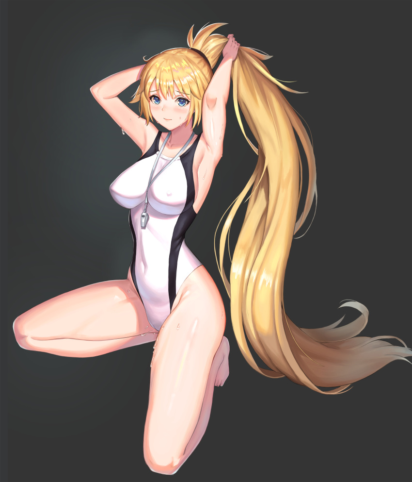 1girl absurdres arms_up blonde_hair blue_eyes breasts competition_swimsuit fate/grand_order fate_(series) full_body glasses grey_background highres impossible_clothes impossible_swimsuit jeanne_d'arc_(fate)_(all) jeanne_d'arc_(swimsuit_archer) jeongjae_(jj) large_breasts long_hair looking_at_viewer one-piece_swimsuit ponytail simple_background solo swimsuit whistle whistle_around_neck white_swimsuit