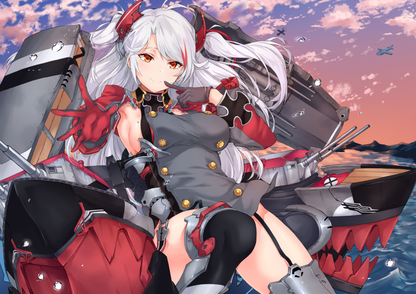 1girl absurdres aircraft airplane antenna_hair armpit_cutout armpits azur_lane bangs blush breasts cannon clouds evening eyebrows_visible_through_hair finger_to_mouth floating_hair garter_straps gloves hair_between_eyes headgear highres iron_cross jacket knee_up large_breasts long_hair long_sleeves looking_at_viewer machinery mole mole_on_breast multicolored_hair ocean outdoors prinz_eugen_(azur_lane) redhead rigging sideboob sidelocks silver_hair sirurabbit smile solo splashing streaked_hair swept_bangs thigh-highs thighs turret two_side_up very_long_hair water water_drop wide_sleeves wind