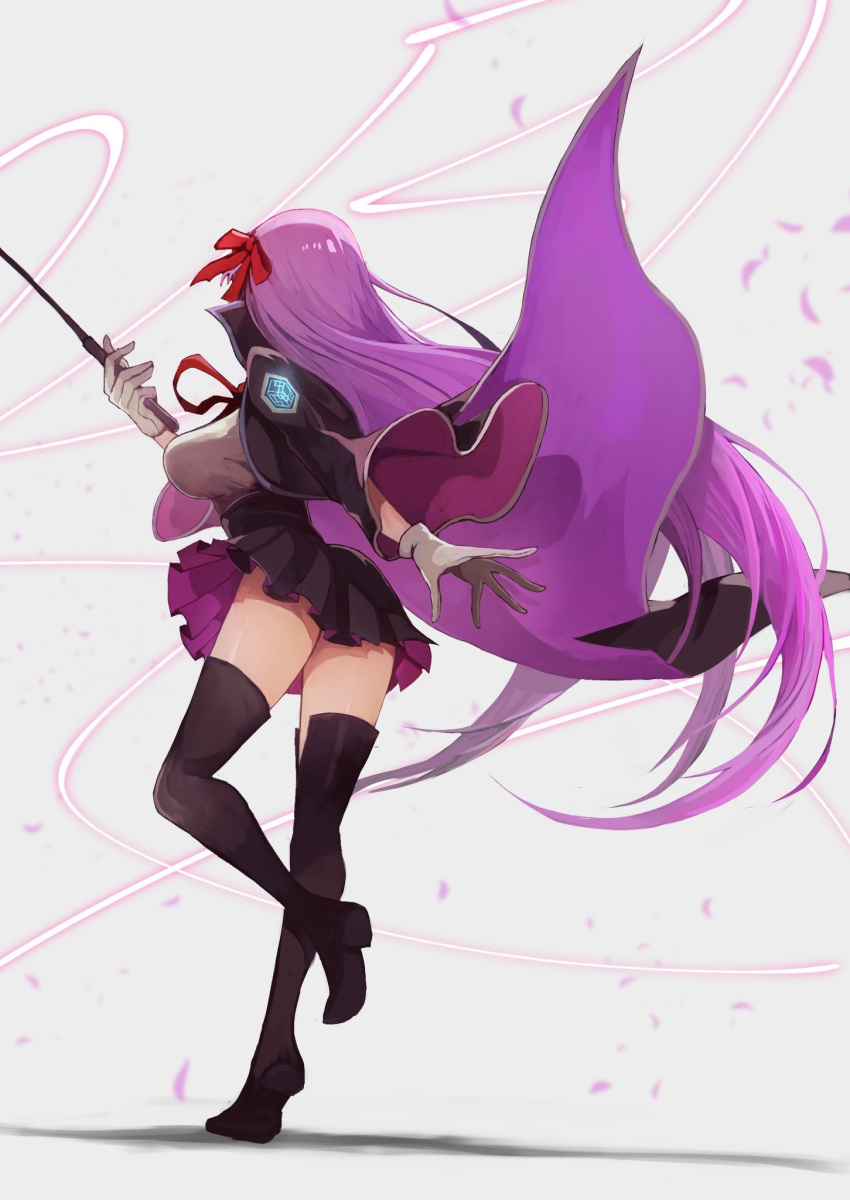 1girl bb_(fate)_(all) bb_(fate/extra_ccc) black_cape black_footwear black_legwear black_skirt boots bow breasts cape commentary_request fate/extra fate/extra_ccc fate_(series) gloves grey_background hair_bow highres holding large_breasts long_hair long_sleeves neck_ribbon outstretched_arm petals pleated_skirt purple_cape purple_hair red_bow red_ribbon ribbon sanshouuo shirt shoe_soles skirt solo standing standing_on_one_leg thigh-highs thigh_boots very_long_hair white_gloves white_shirt wide_sleeves