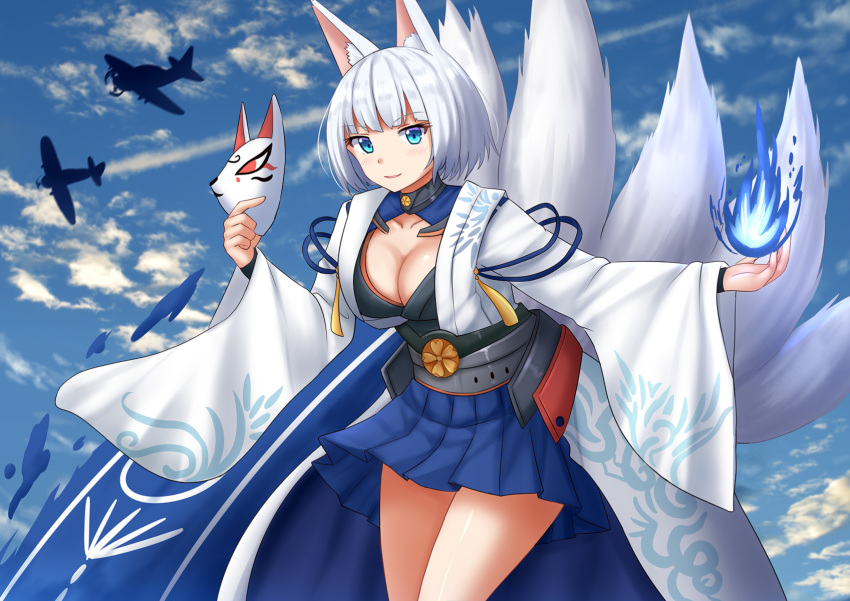 1girl aircraft airplane animal_ears azur_lane bangs blue_eyes blue_fire blue_skirt blue_sky breasts cleavage clouds cloudy_sky commentary day english_commentary eyebrows_visible_through_hair fire fox_ears fox_girl fox_mask fox_tail highres holding holding_mask japanese_clothes kaga_(azur_lane) kazenokaze kimono kitsune long_sleeves mask mask_removed medium_breasts multiple_tails outdoors pleated_skirt short_hair silver_hair skirt sky solo standing tail v-shaped_eyebrows white_kimono wide_sleeves