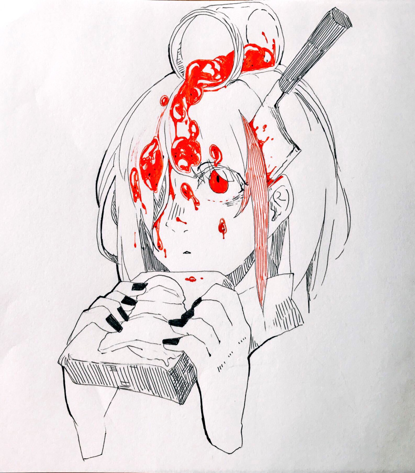 1girl arms_up black_nails blank_stare blood bloody_knife commentary_request eguchi_saan fingernails food food_on_face food_on_hair highlights highres holding holding_food jar jelly kitchen_knife knife knife_in_head looking_at_viewer multicolored_hair nail_polish object_on_head original paper_(medium) pen_(medium) photo red_eyes short_hair solo spot_color