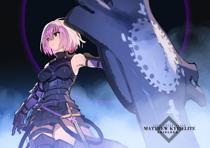 1girl armor armored_dress armored_skirt breasts eyebrows_visible_through_hair fate/grand_order fate_(series) faulds gloves hair_over_one_eye holding_shield leg_armor mash_kyrielight pink_hair purple_gloves shield short_hair siqi_(miharuu) sleeveless thighs violet_eyes