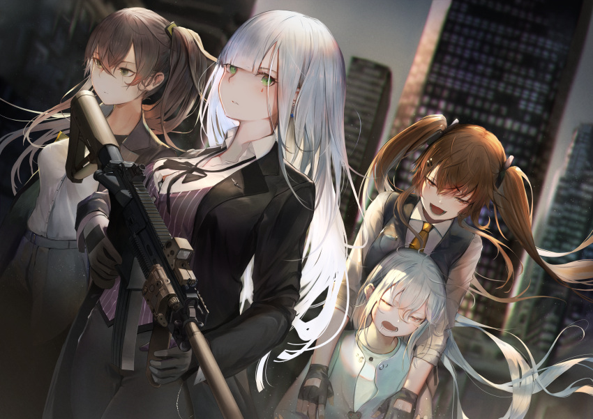 404_(girls_frontline) 4girls absurdres alternate_breast_size alternate_costume armband assault_rifle bangs beret black_coat black_gloves black_pants black_ribbon blunt_bangs blurry blurry_background blush breasts brown_eyes brown_hair chains city closed_mouth clouds cloudy_sky coat collared_shirt commentary crossed_bangs drooling expressionless facial_mark fingerless_gloves floating_hair g11_(girls_frontline) girls_frontline gloves green_eyes grey_jacket grey_vest gun hair_between_eyes hair_ornament hairclip half-closed_eyes hat heckler_&amp;_koch highres hk416 hk416_(girls_frontline) holding holding_gun holding_weapon huge_filesize isaka_wasabi jacket light_particles long_hair long_sleeves looking_at_another looking_at_viewer medium_breasts multiple_girls neck_ribbon one_eye_closed one_side_up open_clothes open_coat open_mouth outdoors pants purple_vest ribbon rifle scar scar_across_eye shirt siblings silver_hair sisters sitting sky sleeves_folded_up smile striped_vest suit_jacket teardrop twins twintails ump45_(girls_frontline) ump9_(girls_frontline) very_long_hair vest weapon white_shirt wind wind_lift yellow_eyes yellow_neckwear