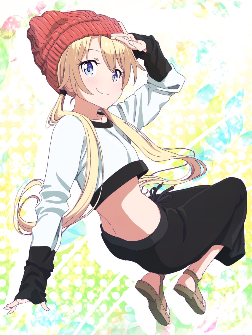 1girl alternate_hairstyle arm_up black_pants black_ribbon blonde_hair blue_eyes crop_top eyebrows_visible_through_hair floating_hair full_body hair_between_eyes hair_ornament hat highres long_hair looking_at_viewer midriff new_game! outstretched_arm pants pink_x red_hat ribbon smile solo twintails very_long_hair yagami_kou