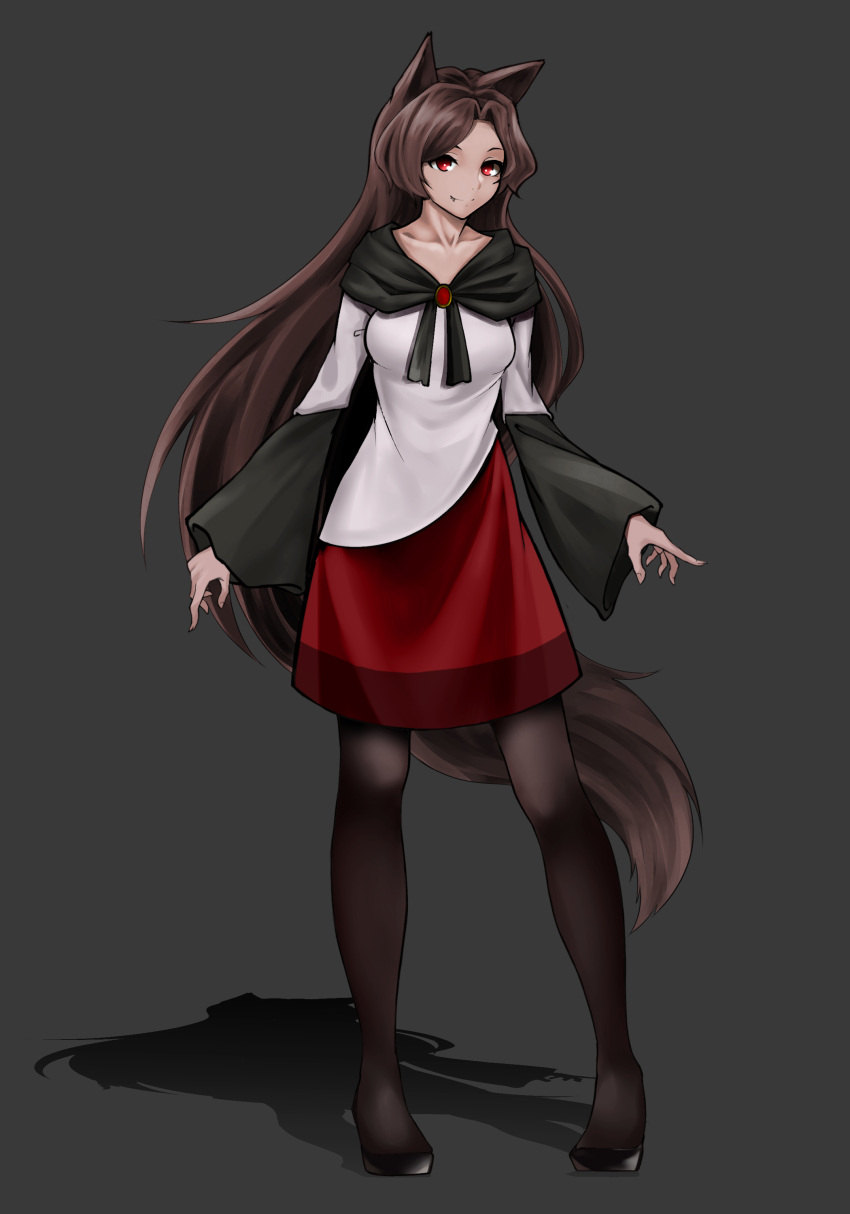 1girl absurdres animal_ears black_legwear brown_hair commentary_request dress fang_out full_body grey_background highres imaizumi_kagerou inoshin_(inixia1748) long_hair monochrome_background neckerchief pantyhose red_eyes shadow short_dress simple_background smile tail touhou wide_sleeves wolf_ears wolf_tail