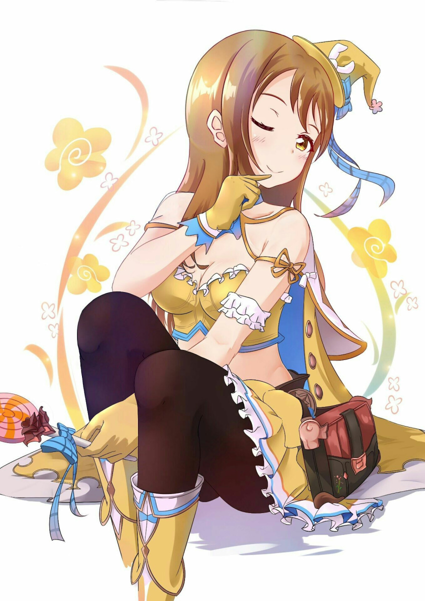 1girl ;) arm_ribbon arm_scrunchie bag bare_shoulders black_legwear blue_bow blue_neckwear blush boots bow breasts brown_hair candy capelet cleavage food gloves granblue_fantasy haifong hand_up handbag hat hat_bow highres holding_candy kunikida_hanamaru lollipop long_hair looking_at_viewer love_live! love_live!_sunshine!! medium_breasts midriff one_eye_closed pantyhose ribbon sitting skirt smile solo tilted_headwear white_capelet yellow_cape yellow_eyes yellow_footwear yellow_gloves yellow_hat yellow_skirt