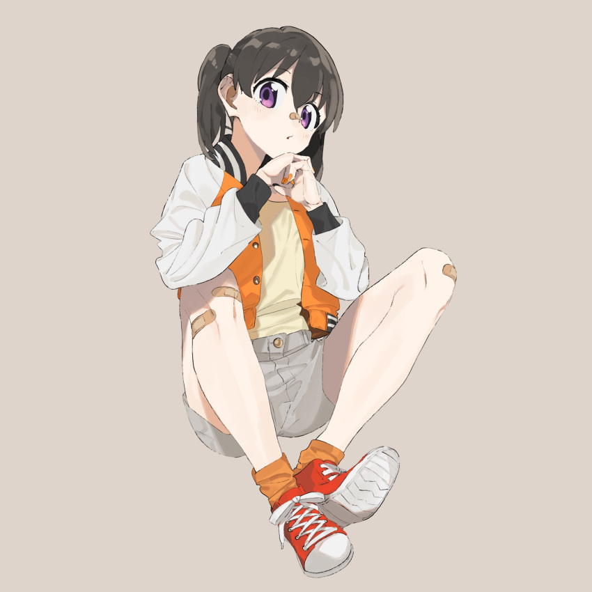 1girl bandaid bandaid_on_knee bangs black_hair commentary_request grey_background grey_shorts hands_together highres jacket knees_up kuraue_hinata looking_at_viewer machi_(wm) nail_polish orange_legwear orange_nails raglan_sleeves red_footwear shirt shoes short_shorts shorts simple_background sitting sneakers socks solo twintails violet_eyes yama_no_susume yellow_shirt