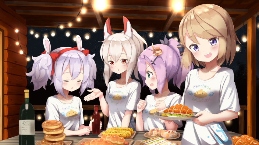 4girls :d alternate_hair_length alternate_hairstyle ame. animal_ears ayanami_(azur_lane) azur_lane bangs black_ribbon blush bottle bow breasts christmas_lights clenched_hands closed_eyes commentary_request crown eyebrows_visible_through_hair food green_eyes hair_between_eyes hair_bow hair_ornament hair_ribbon hairband hand_up headgear holding holding_bottle holding_tray javelin_(azur_lane) laffey_(azur_lane) light_brown_hair matching_outfit mini_crown multiple_girls night night_sky open_mouth parted_lips ponytail purple_hair rabbit_ears red_bow red_eyes red_hairband ribbon round_teeth shirt short_sleeves sidelocks silver_hair sky small_breasts smile star_(sky) starry_sky teeth tray upper_teeth violet_eyes white_shirt z23_(azur_lane)