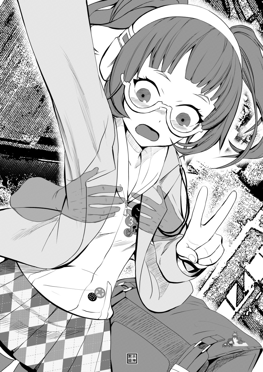 1girl absurdres apocalipsejack black_hair blush caligula_(game) glasses greyscale headphones highres kantai_collection monochrome morita_naruko mutsu_(kantai_collection) mutsu_(snail) open_mouth self_shot smol_nozomi surprised sweater v