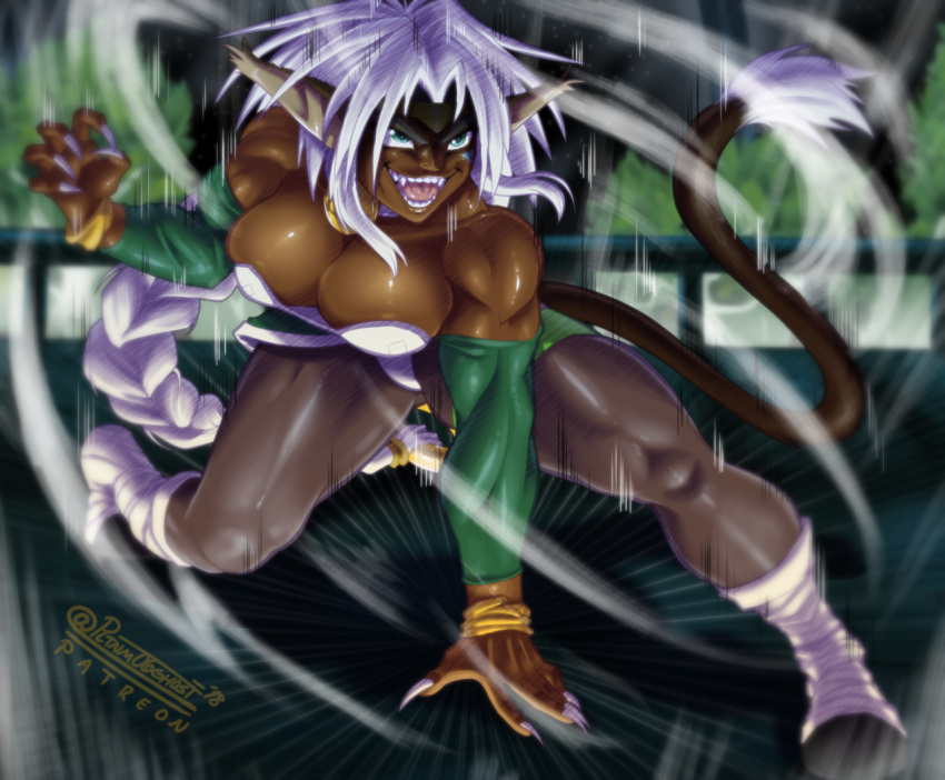 1girl aisha_clanclan animal_ears bare_shoulders bell bell_collar black_legwear bracelet braid breasts cat_ears cat_tail collar commentary dark_skin detached_sleeves emphasis_lines english_commentary facepaint fingernails full_body green_eyes grin jewelry jingle_bell joe_shimamura large_breasts leg_wrap long_hair muscle muscular_female one_knee open_mouth outlaw_star pantyhose sharp_fingernails sharp_teeth single_braid smile solo tail teeth white_hair