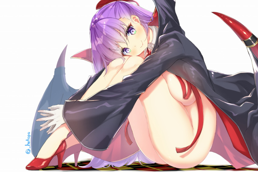 1girl bangs bb_(fate)_(all) bb_(fate/extra_ccc) bb_(swimsuit_mooncancer)_(fate) blush breasts cape closed_mouth detached_collar eyebrows_visible_through_hair fate_(series) full_body gloves hair_ribbon hato_haru high_heels large_breasts lips long_hair long_sleeves looking_at_viewer naked_cape purple_hair red_footwear red_ribbon ribbon simple_background sitting sleeves_past_wrists smile solo twitter_username very_long_hair violet_eyes white_background white_gloves