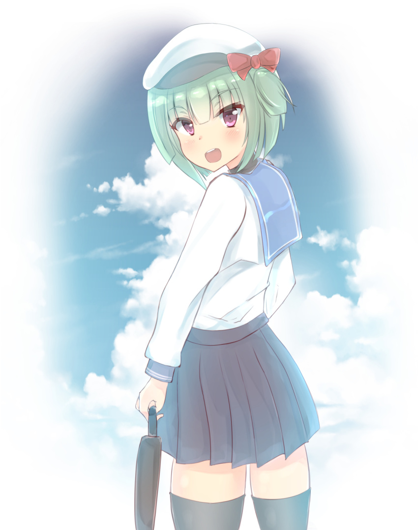 1girl absurdres bag black_legwear bow brown_bag carrying_bag character_request clouds cloudy_sky green_hair hair_bow highres holding holding_bag looking_at_viewer open_mouth pleated_skirt red_bow school_uniform senren_banka serafuku short_hair skirt sky uniform yuzf yuzu-soft