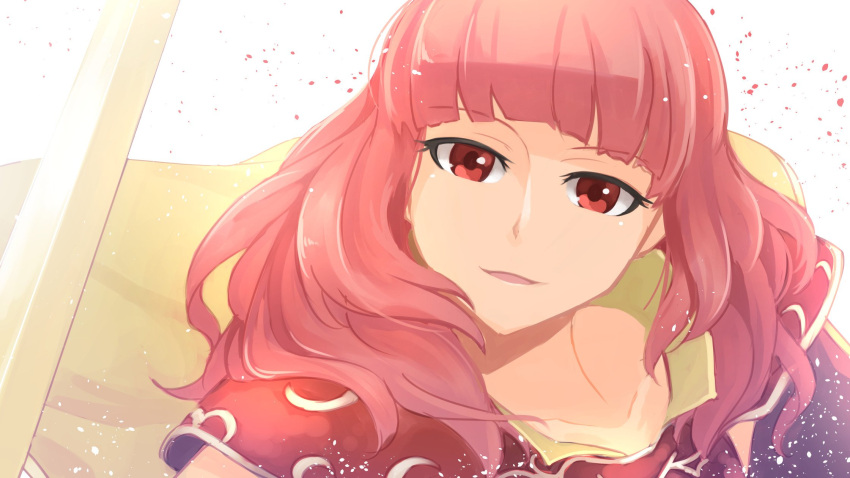1girl celica_(fire_emblem) fire_emblem fire_emblem_echoes:_mou_hitori_no_eiyuuou fire_emblem_gaiden fire_emblem_heroes highres long_hair nakabayashi_zun nintendo parted_lips red_eyes redhead shoulder_armor simple_background solo sword weapon white_background