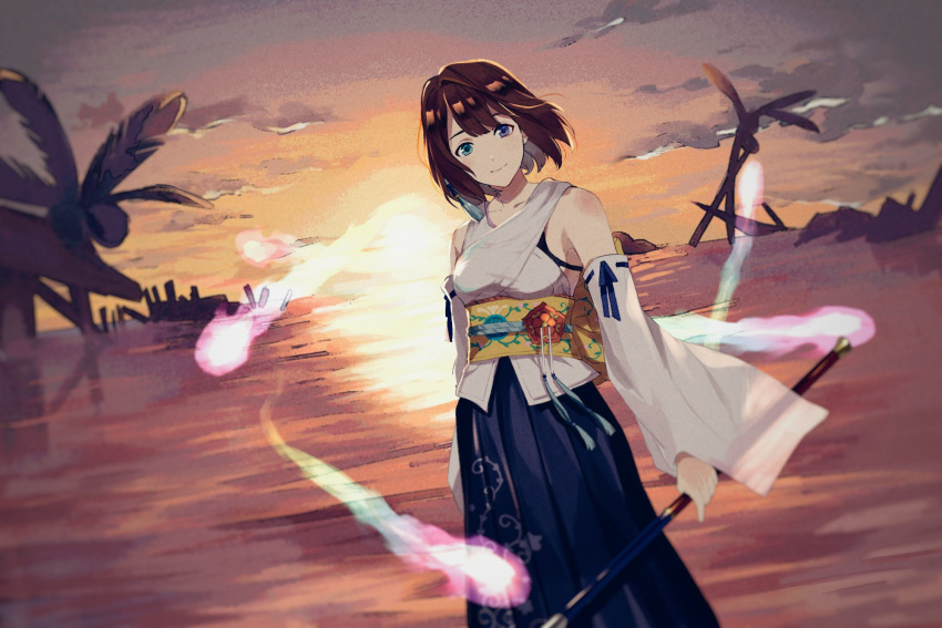 1girl aura bangs bare_shoulders blue_hakama brown_hair closed_mouth clouds commentary detached_sleeves dusk facing_viewer fern final_fantasy final_fantasy_x hair_between_eyes hair_ornament hakama heterochromia highres holding holding_staff japanese_clothes kimono looking_at_viewer obi ocean pale_skin print_hakama sash short_hair short_kimono sky sleeveless sleeveless_kimono smile staff sunset water white_kimono wide_sleeves yawatofu yuna