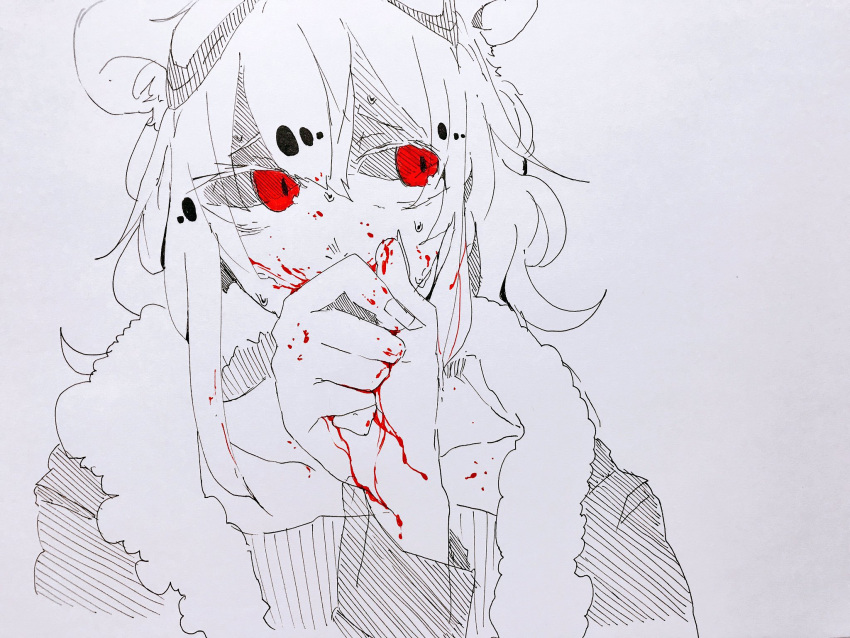 1girl bangs blood blood_on_face bloody_hands character_request commentary_request copyright_request eguchi_saan fur_collar hair_between_eyes highres long_hair long_sleeves looking_to_the_side red_eyes solo
