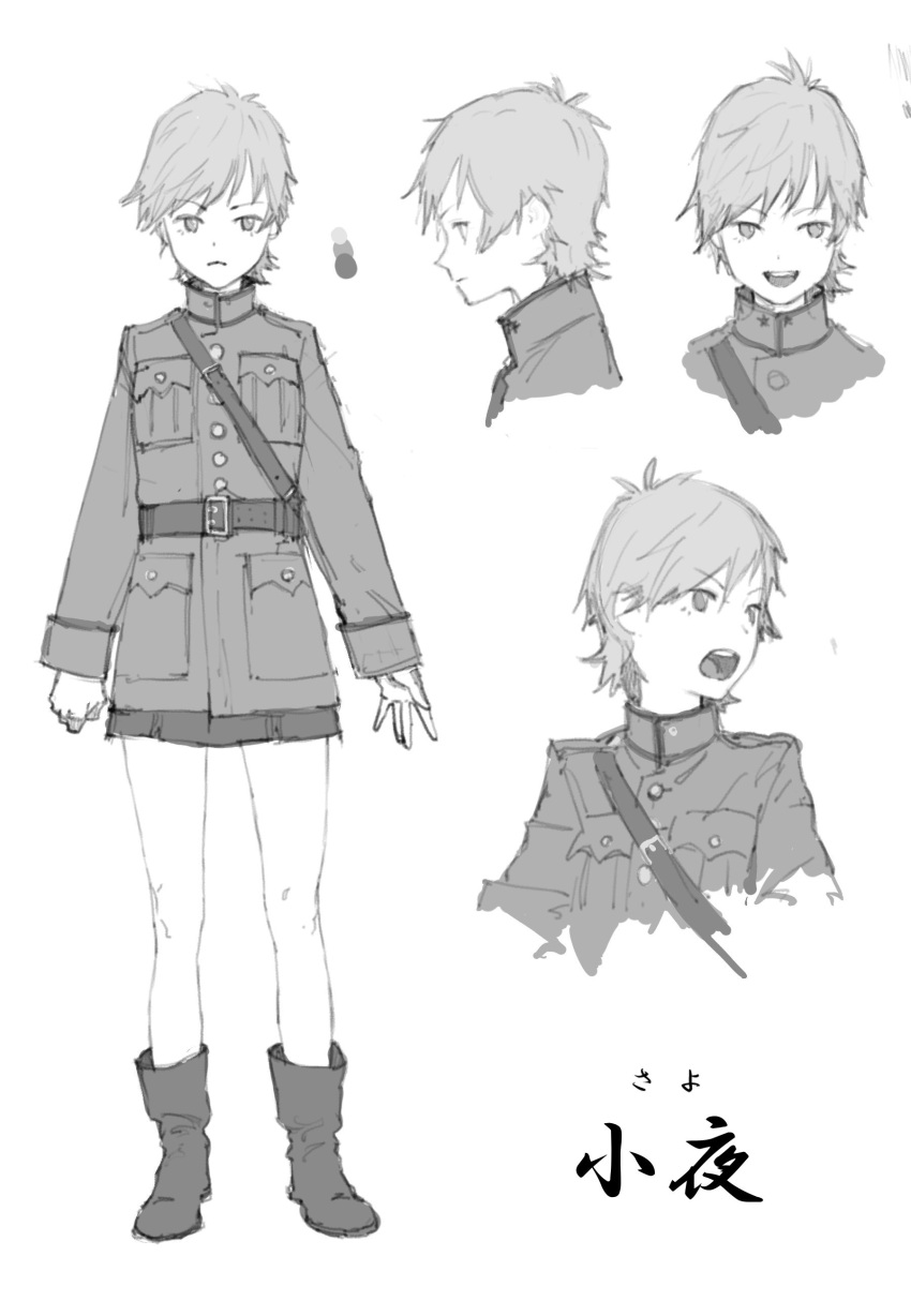 1girl absurdres ankle_boots belt boots breast_pocket closed_mouth copyright_request expressions greyscale highres jacket long_sleeves looking_at_viewer military military_uniform monochrome pocket short_hair simple_background skirt standing translation_request uniform white_background zennosuke