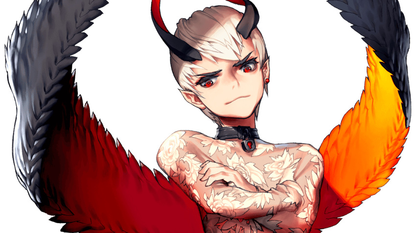 1boy collar crossed_arms destiny_child earrings frey_(destiny_child) frown horns jewelry lock locked official_art pointy_ears red_eyes single_earring stud_earrings transparent_background upper_body white_hair wings