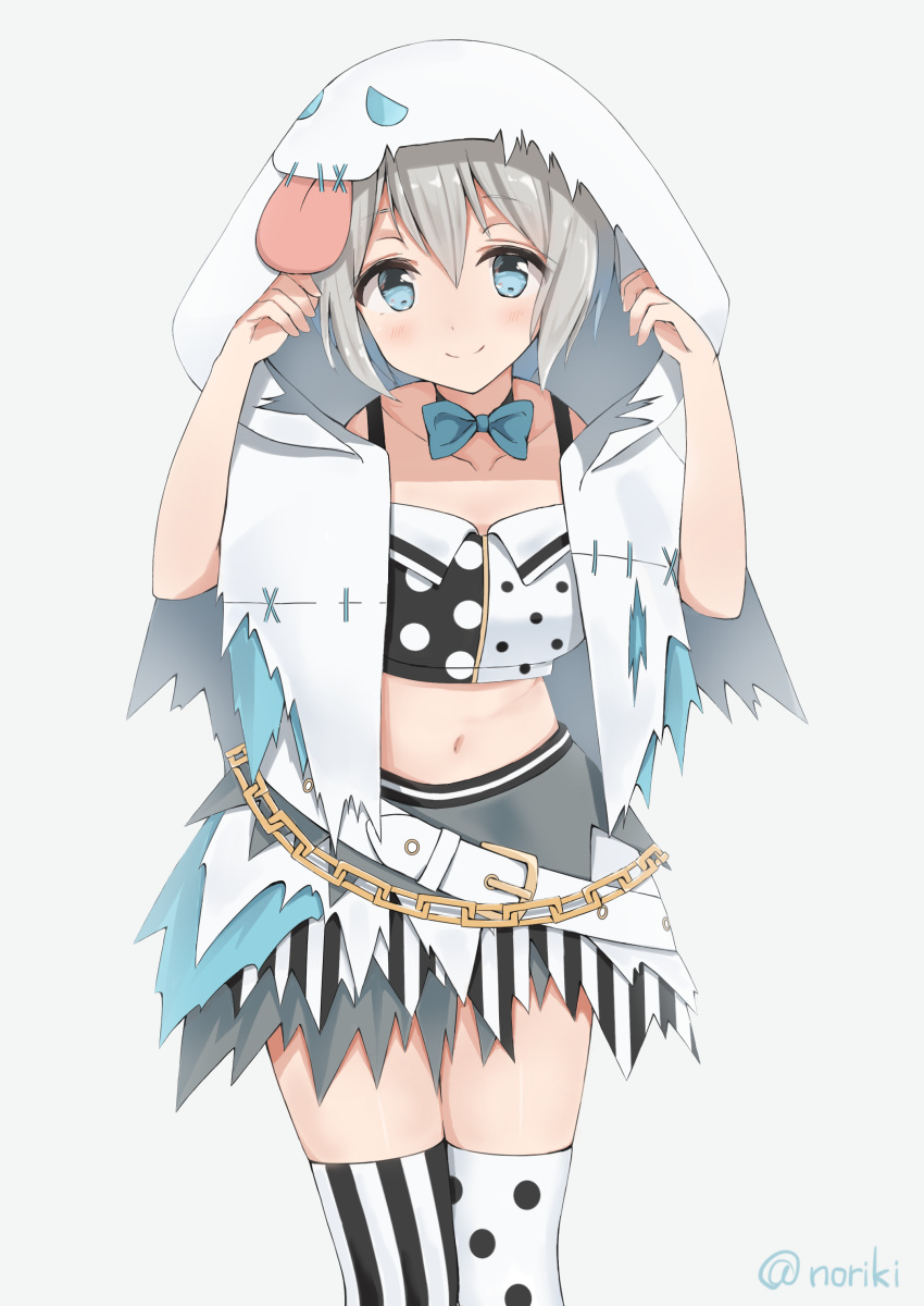 1girl absurdres adjusting_hood aoba_moca asymmetrical_clothes bang_dream! belt blue_neckwear bow bowtie chains collarbone commentary_request ghost_costume grey_background grey_hair highres honorikiti hood hood_up looking_at_viewer mismatched_legwear navel polka_dot polka_dot_legwear simple_background skirt smile solo stomach striped striped_legwear thigh-highs tongue torn_clothes twitter_username vertical-striped_legwear vertical_stripes