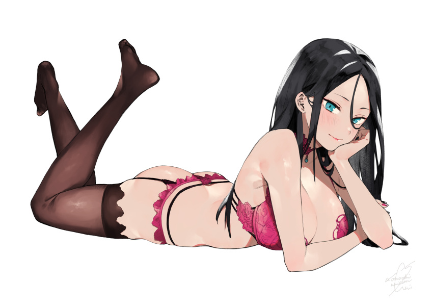 1girl ass black_hair blue_eyes blush bra breasts brown_legwear cleavage closed_mouth collarbone elbow_rest eyebrows_visible_through_hair floral_print full_body garter_belt garter_straps garters hair_between_eyes hairband halterneck highres large_breasts lingerie long_hair looking_at_viewer lying nail_polish on_stomach panties pink_bra pink_panties rose_print school_girl_strikers shiny shiny_skin shiranui_hazuki signature simple_background smile solo thigh-highs underwear underwear_only uni_(melm) white_background