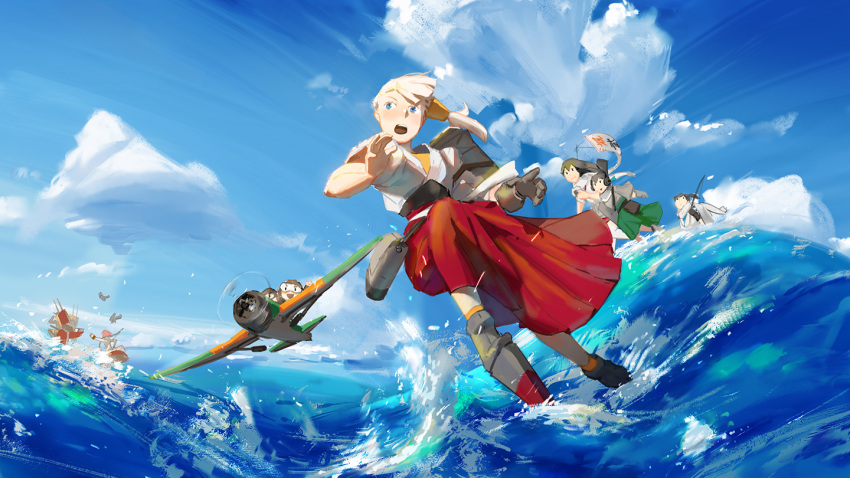 akagi_(kantai_collection) ark_royal_(kantai_collection) bismarck_(kantai_collection) blonde_hair blue_eyes clouds damage_control_crew_(kantai_collection) eyebrows_visible_through_hair fairy_(kantai_collection) flight_deck gloves hair_between_eyes hakama hakama_skirt helmet_musume_(kantai_collection) japanese_clothes kaga_(kantai_collection) kantai_collection long_hair machinery maintenance_musume_(kantai_collection) ocean open_mouth ribbon sailing shin'you_(kantai_collection) side_ponytail single_glove sky taiyou_(kantai_collection) waves ye_fan