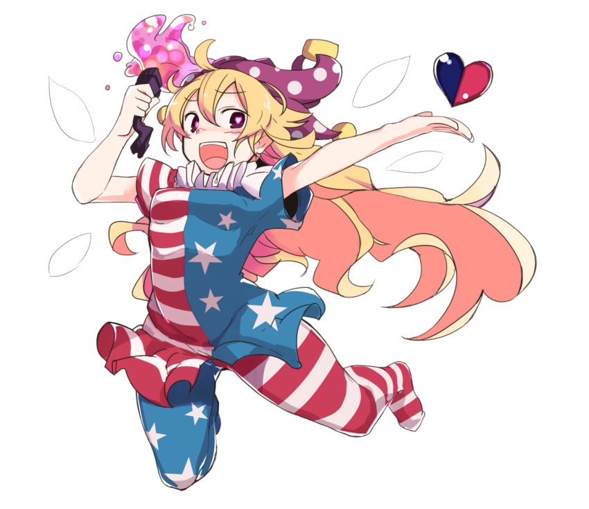 1girl :d ahoge american_flag_dress american_flag_legwear arm_up blonde_hair blue_dress blue_legwear blush breasts clownpiece commentary_request dress eyebrows_visible_through_hair full_body furorina hair_between_eyes hand_up hat heart heart-shaped_pupils holding holding_torch jester_cap jumping long_hair looking_at_viewer neck_ruff no_shoes open_mouth pantyhose polka_dot_hat purple_hat red_dress red_legwear short_dress short_sleeves simple_background small_breasts smile solo star star_print striped striped_dress striped_legwear symbol-shaped_pupils torch touhou very_long_hair violet_eyes white_background white_dress white_legwear