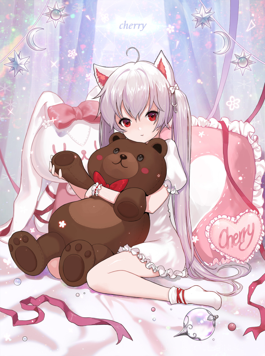 1girl :t absurdres ahoge animal_ears bangs bed_sheet bow cat_ears closed_mouth commentary_request crescent dress eyebrows_visible_through_hair frilled_pillow frills hair_between_eyes head_tilt heart heart-shaped_pupils highres long_hair no_shoes object_hug original ornament phonic pillow pink_bow pout puffy_short_sleeves puffy_sleeves red_eyes red_ribbon ribbon short_sleeves silver_hair sitting socks solo sparkle stuffed_animal stuffed_bunny stuffed_toy symbol-shaped_pupils teddy_bear twintails very_long_hair wariza white_dress white_legwear