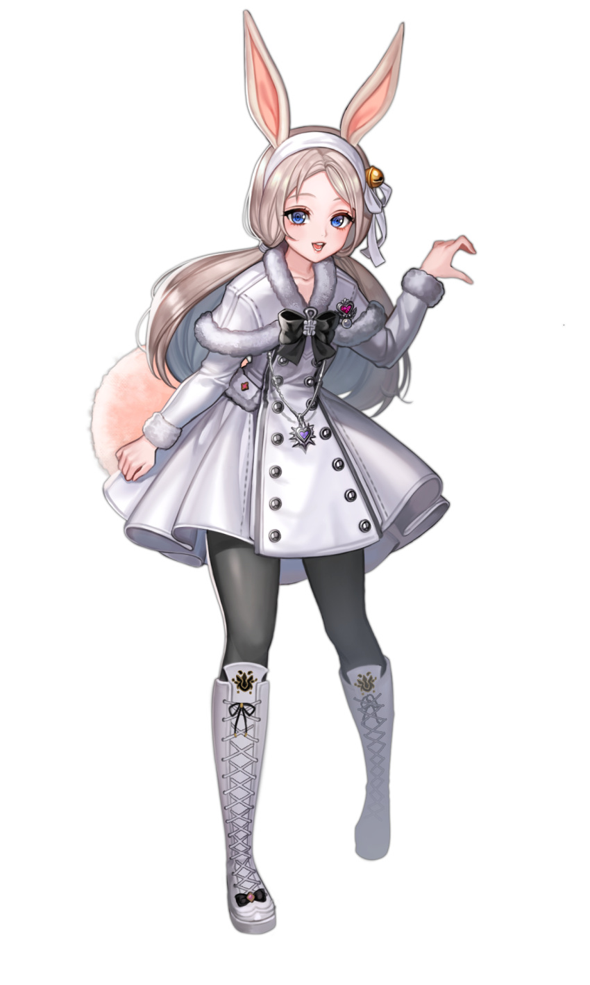 1girl animal_ears arm_up bell black_legwear blade_&amp;_soul blue_eyes boots brown_hair bunny_tail capelet dress full_body grey_capelet grey_dress grey_footwear hair_ornament hairband highres jewelry jingle_bell knee_boots long_hair lyn_(blade_&amp;_soul) open_mouth pantyhose pendant rabbit_ears rity simple_background smile solo tail white_background
