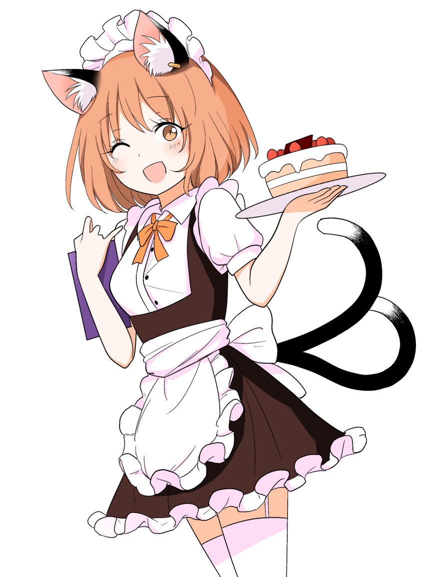 1girl animal_ears apron artist_request blush brown_eyes brown_hair cake cat_ears chen dress ear_piercing eyebrows_visible_through_hair food frilled_dress frills garter_straps highres holding holding_object holding_tray looking_at_viewer maid_apron maid_headdress multiple_tails one_eye_closed open_mouth piercing ribbon short_hair solo tail thigh-highs touhou tray two_tails yellow_ribbon