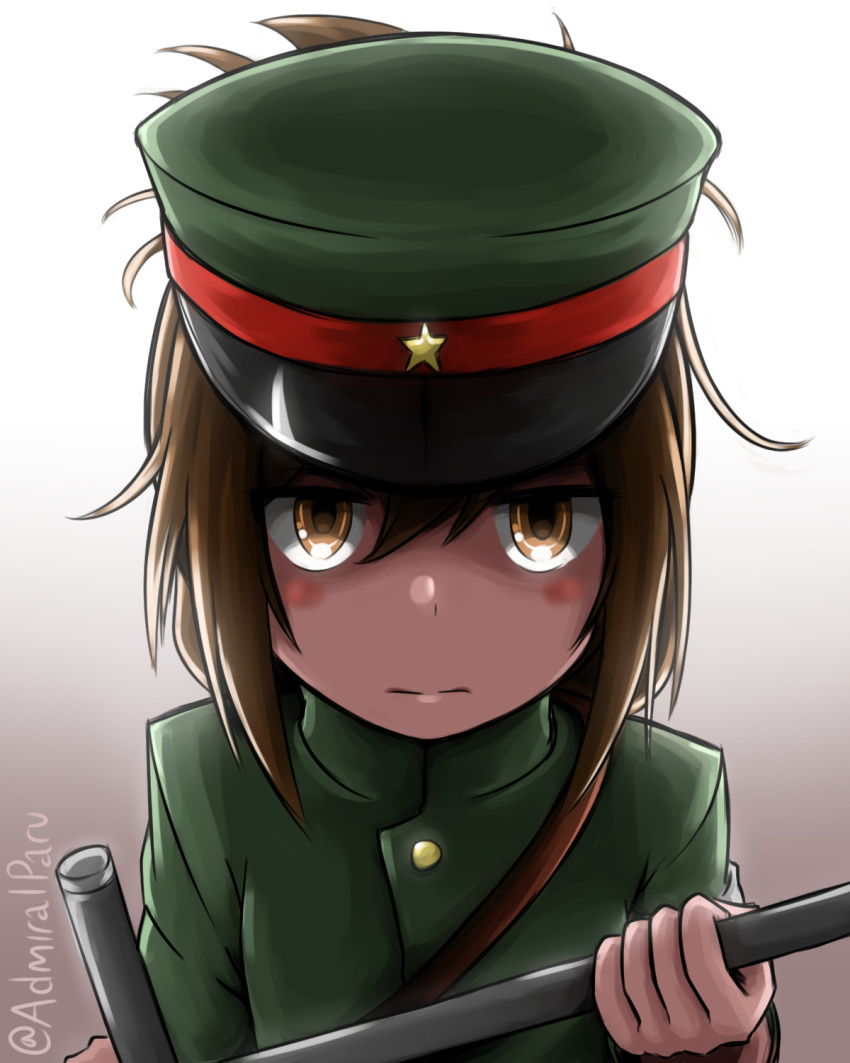 1girl admiral_paru alternate_costume brown_eyes brown_hair commentary english_commentary folded_ponytail gradient gradient_background grey_background hat highres inazuma_(kantai_collection) kantai_collection long_hair looking_at_viewer military military_uniform peaked_cap plasma-chan_(kantai_collection) solo twitter_username uniform upper_teeth weapon_request white_background