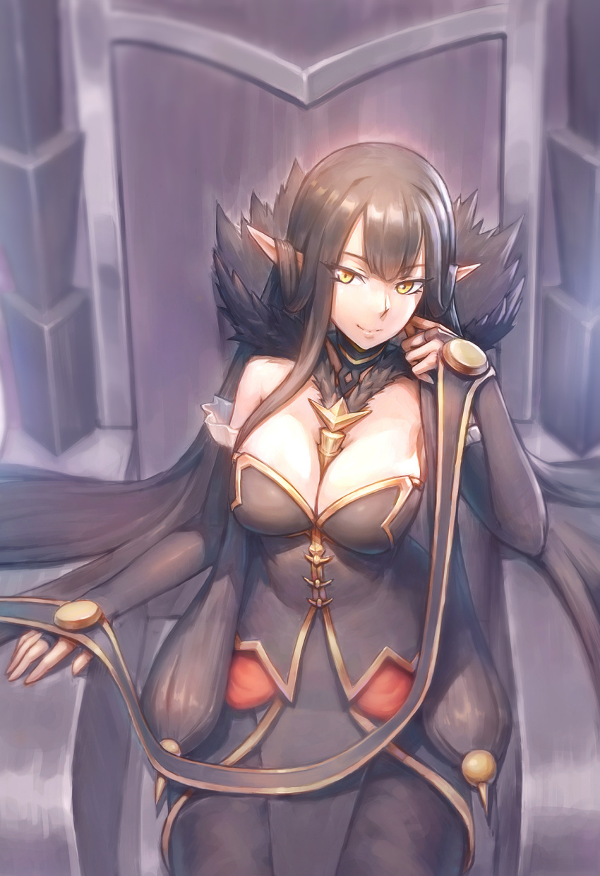 1girl absurdly_long_hair bare_shoulders black_dress black_hair breasts bridal_gauntlets chair cleavage closed_mouth commentary detached_sleeves dress english_commentary facing_viewer fate/apocrypha fate/grand_order fate_(series) finger_to_cheek fur_trim hair_between_eyes highres indoors large_breasts long_dress long_hair looking_at_viewer pointy_ears queen semiramis_(fate) sitting smile spikes throne very_long_hair x82830 yellow_eyes