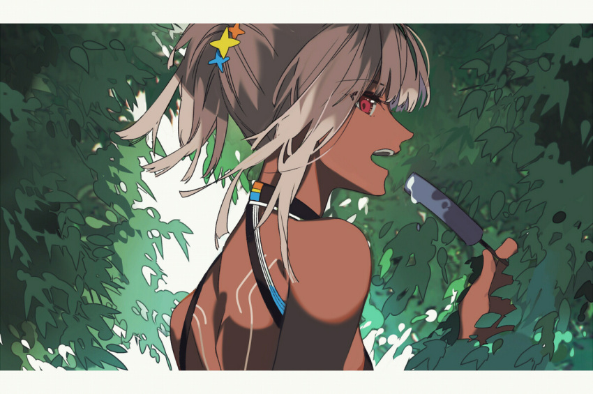1girl altera_(fate) arlizi back_tattoo bare_shoulders bush dark_skin eyebrows_visible_through_hair fate/grand_order fate_(series) food grey_hair hair_ornament hairclip holding holding_food ice_cream open_mouth popsicle red_eyes sideways_glance solo tan tattoo tied_hair tree