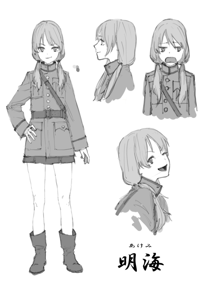 1girl :d absurdres ankle_boots boots breast_pocket copyright_request expressions eyebrows_visible_through_hair greyscale hand_on_hip highres jacket long_sleeves low_twintails military military_uniform monochrome one_eye_closed open_mouth pocket simple_background skirt smile standing translation_request twintails uniform white_background zennosuke