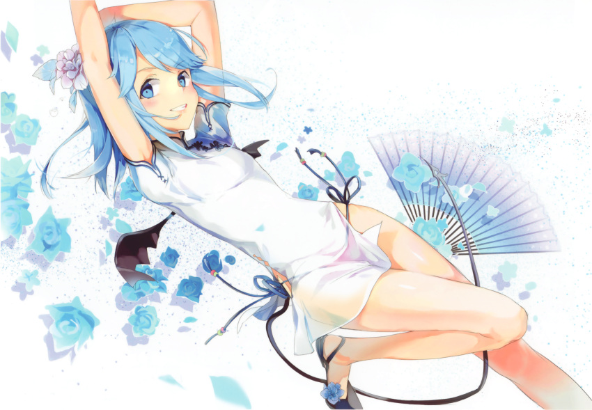 1boy anmi arms_up bare_legs blue_eyes blue_hair breasts china_dress chinese_clothes crossdressinging dress fan flower grin hair_flower hair_ornament highres ilpyeonheuksim karan_(ilpyeonheuksim) legs looking_at_viewer lying male_focus on_back otoko_no_ko panties see-through side-tie_panties side_slit small_breasts smile solo string_panties tail underwear wings