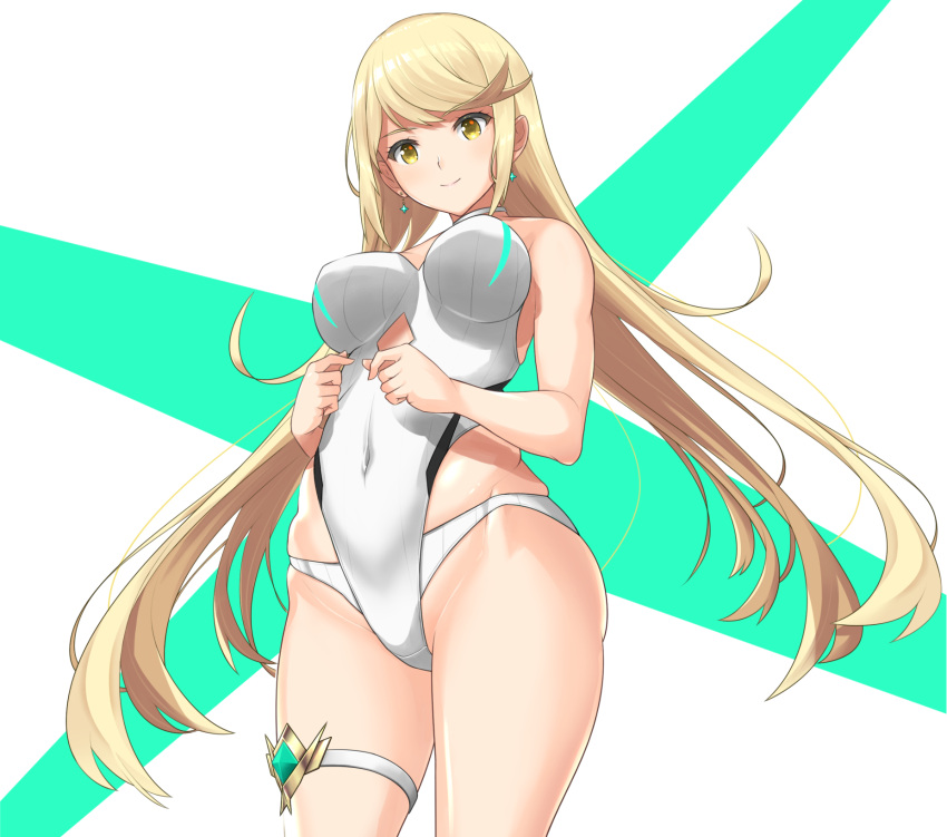 1girl blonde_hair blush breasts closed_mouth commentary_request covered_navel dollinger earrings highres mythra_(xenoblade) jewelry leg_garter long_hair medium_breasts nintendo one-piece_swimsuit smile solo standing swimsuit very_long_hair white_swimsuit xenoblade_(series) xenoblade_2 yellow_eyes