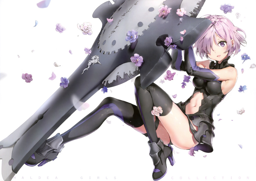 1girl absurdres anmi armor armored_dress bare_shoulders black_legwear boots breasts elbow_gloves fate/grand_order fate_(series) flower full_body gloves hair_over_one_eye high_heel_boots high_heels highres holding looking_at_viewer mash_kyrielight medium_breasts navel one_eye_covered parted_lips petals purple_flower purple_hair shield short_hair simple_background smile solo thigh-highs violet_eyes white_background