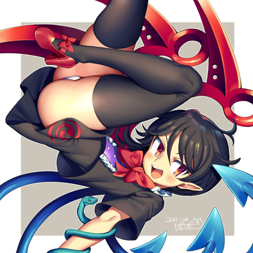 1girl :d ass asymmetrical_wings bangs black_dress black_hair black_legwear blue_wings border bow bowtie center_frills commentary_request dated dress eyebrows_visible_through_hair feet_out_of_frame grey_background hair_between_eyes high_heels houjuu_nue iroyopon knee_up looking_at_viewer open_mouth outline outside_border panties pantyshot pointy_ears red_bow red_eyes red_footwear red_neckwear red_wings shiny shiny_skin short_dress short_hair short_sleeves signature simple_background skindentation smile snake solo thigh-highs touhou underwear white_border white_outline white_panties wings