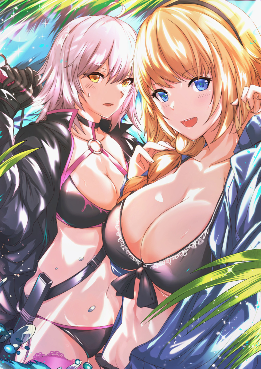 2girls :d ahoge antiqq arm_up bangs bikini black_bikini black_gloves black_hairband black_jacket blonde_hair blue_eyes blue_jacket blush braid breasts cleavage collarbone commentary_request day eyebrows_visible_through_hair fate/grand_order fate_(series) fingernails gloves hair_between_eyes hairband highres holding holding_sword holding_weapon jacket jeanne_d'arc_(alter_swimsuit_berserker) jeanne_d'arc_(fate)_(all) jeanne_d'arc_(swimsuit_archer) katana large_breasts long_hair multiple_girls navel o-ring o-ring_bikini o-ring_bottom o-ring_top open_clothes open_jacket open_mouth orange_eyes outdoors palm_tree parted_lips pink_legwear silver_hair single_braid smile sweat swimsuit sword thigh-highs tree v-shaped_eyebrows water weapon