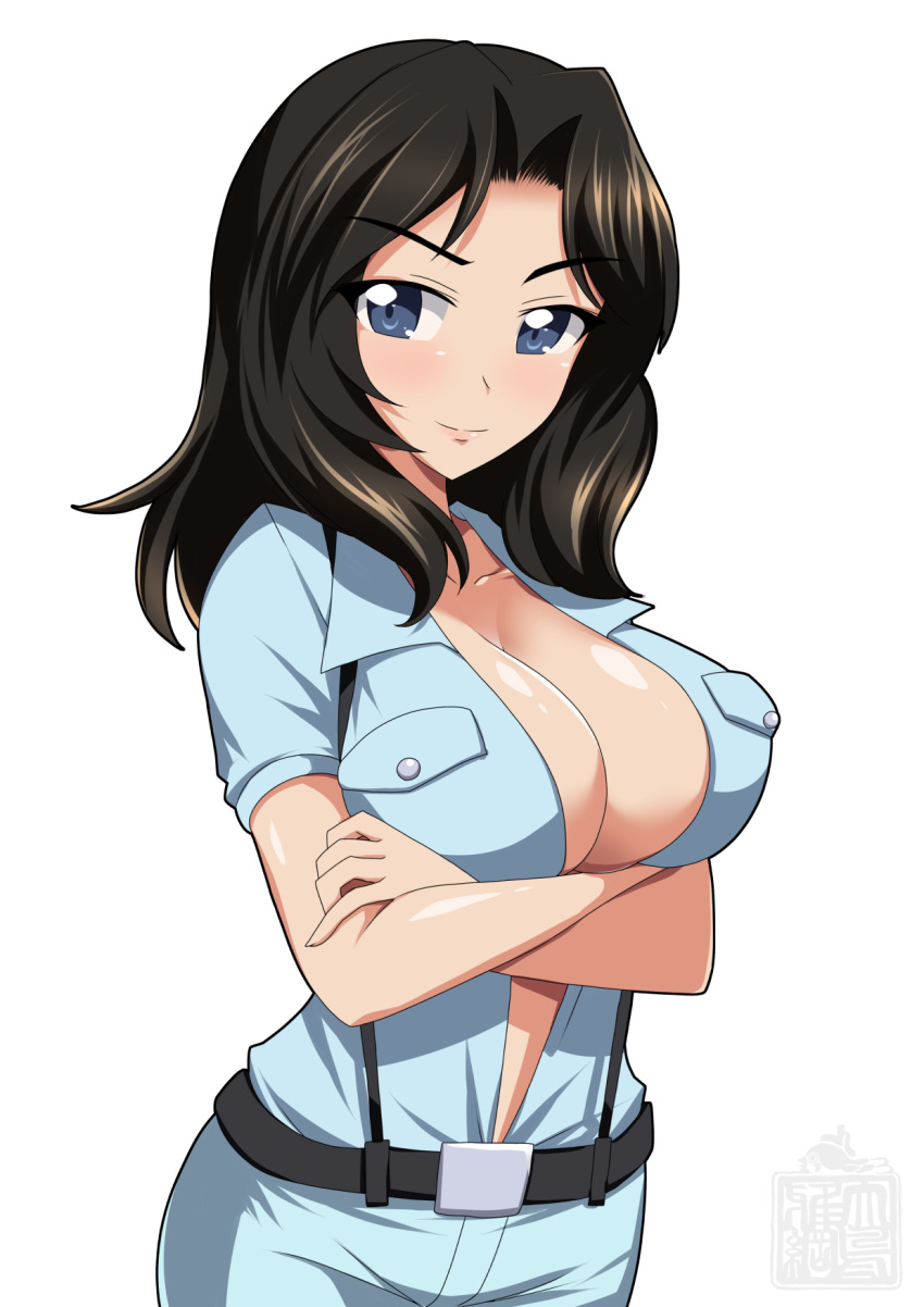 1girl black_belt black_hair blue_division_school_uniform blue_eyes blue_shirt blue_skirt breasts cleavage closed_mouth collared_shirt commentary crossed_arms extra eyebrows_visible_through_hair girls_und_panzer hair_intakes highres large_breasts lips long_hair looking_at_viewer ootori_masatsuna shiny shiny_skin shirt short_sleeves simple_background skirt smile solo standing suspenders unbuttoned unbuttoned_shirt upper_body watermark white_background