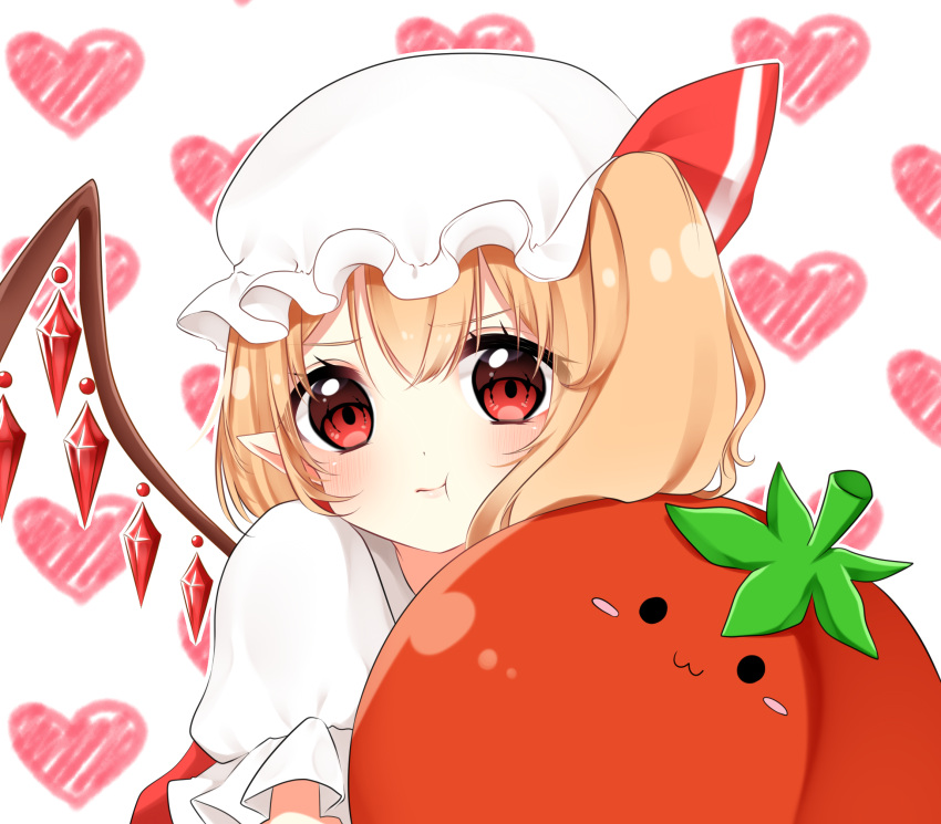 1girl :3 blonde_hair blush blush_stickers closed_mouth eyebrows_visible_through_hair flandre_scarlet hat highres looking_at_viewer mob_cap pouty_lips red_eyes shiki_(s1k1xxx) short_hair short_sleeves solo tomato touhou upper_body wings